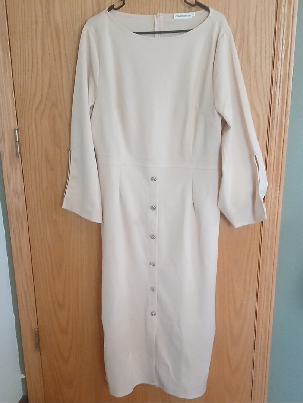 Boatneck Cream Midi Dress with Front Buttons